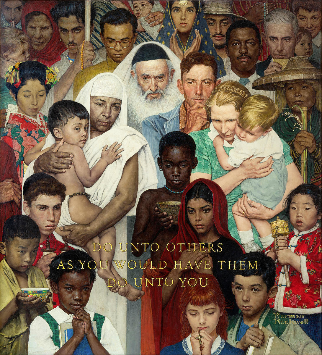 Norman Rockwell’s Golden Rule: children and adults from different cultures gathered together above the words ‘Do unto others as you would have them do unto you.’